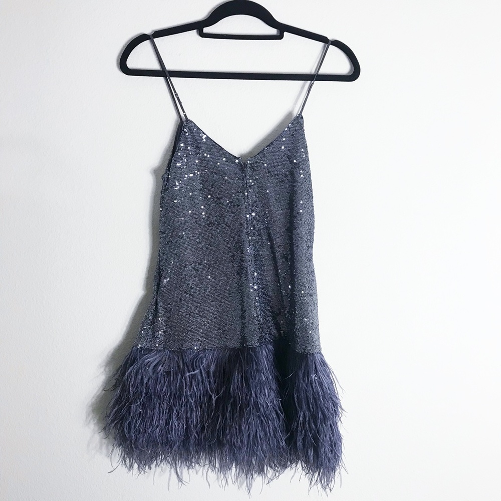 Cinq à Sept Glittering Silver Mini Dress with Feather Detail - Picture 5 of 7